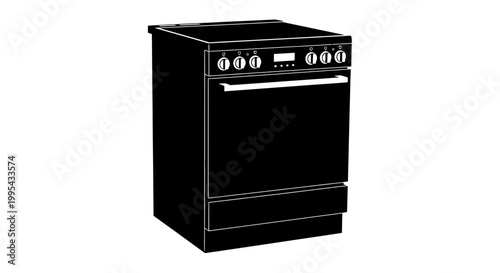 A black and white vector illustration of a modern oven with a sleek design