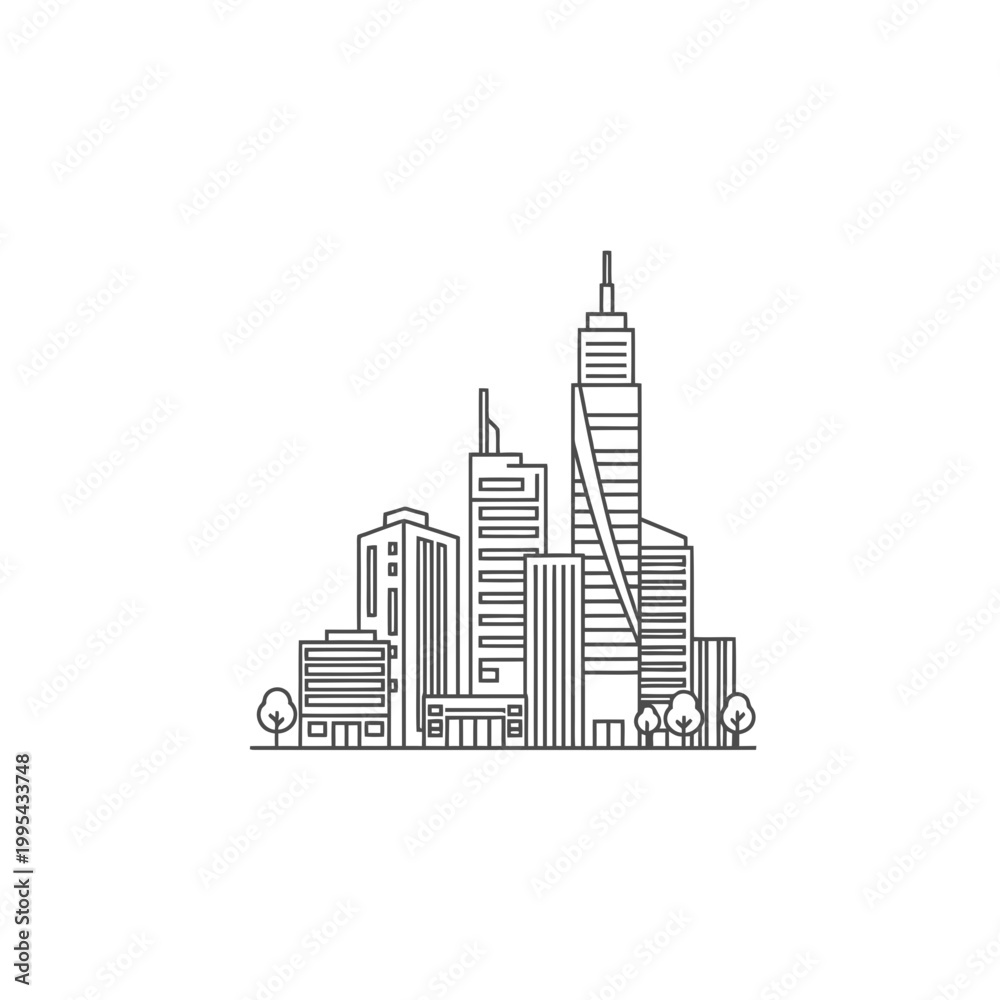 Fototapeta premium Minimalist city skyline line art illustration with skyscrapers