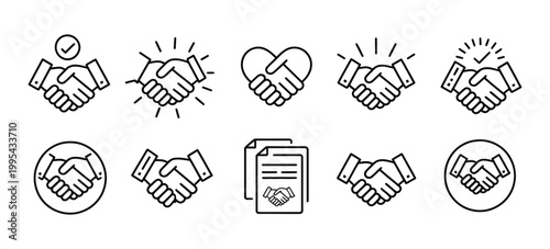 Business Handshake Thin Line Icon Set, Agreement, Partnership, Cooperation, Contract Deal, Success, Greeting, Respect, Teamwork, Trust and Welcome Symbols, Clean Vector Illustration