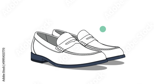 Illustration of a pair of classic white leather loafers with dark blue soles isolated on a white background for footwear design.