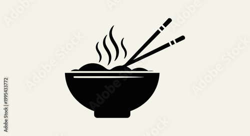 A minimalist vector graphic of a steaming bowl of food with chopsticks