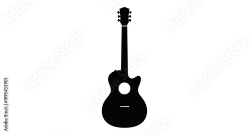 A minimalist black silhouette of an acoustic guitar on a white background