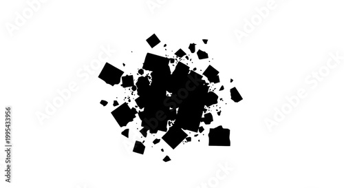 A black explosion of fragments and shards on a white background