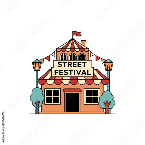Street festival booth with carnival stripes and lanterns vector