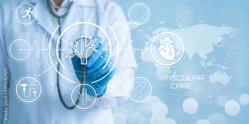Schilderij op canvas Doctor wearing blue gloves holding a stethoscope near a digital infographic with