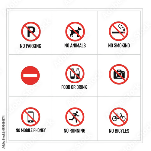 Set of Prohibition Signs: No Parking, Animals, Smoking, Food, Camera, Phone, Running, Bicycles