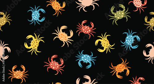 Seamless pattern featuring various colorful crabs with dots on their shells over a solid black background for textile design.