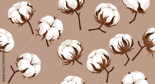 Natural cotton plant bolls on stems repeated in a seamless pattern over a muted brown background for organic theme concepts.