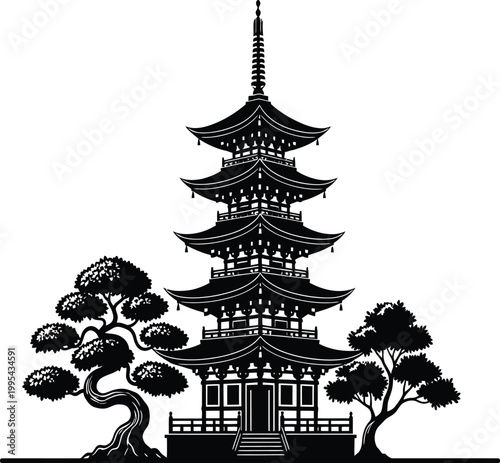 Detailed Black and White Vector Illustration of a Traditional Japanese Pagoda Temple Surrounded by Bonsai Trees Isolated on White Background Silhouette