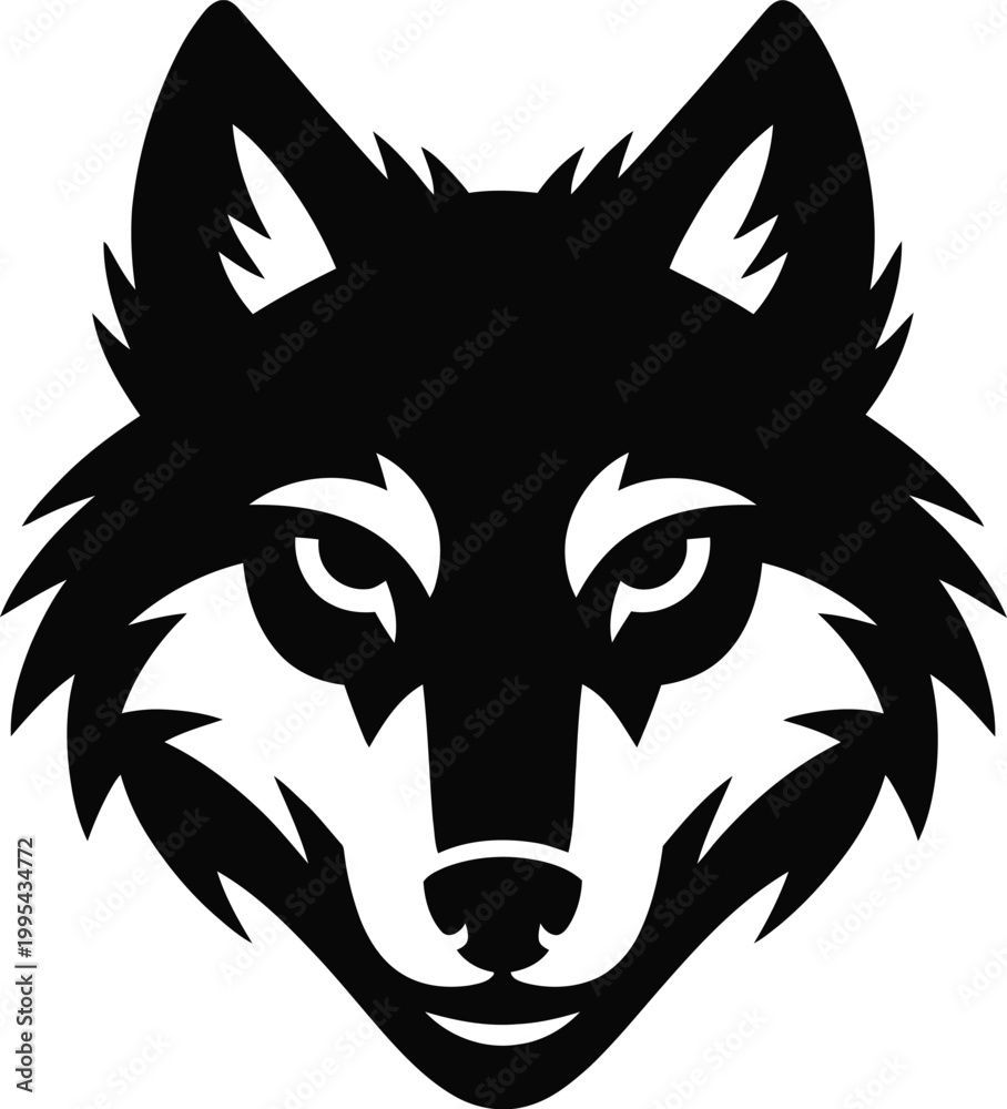 Fototapeta premium A front-facing black and white wolf head with intense eyes.