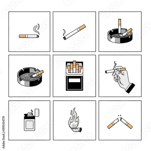 Smoking Icons Set: Cigarette, Ashtray, Pack, Lighter, Flame, Broken