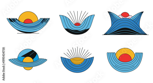 Modern abstract conceptual designs featuring stylized sunrises over fluid wave-like forms, symbolizing new beginnings, progress, and artistic inspiration for contemporary graphic projects