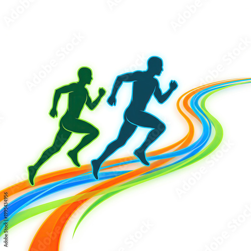 Two athletes running fast on colorful track in stadium