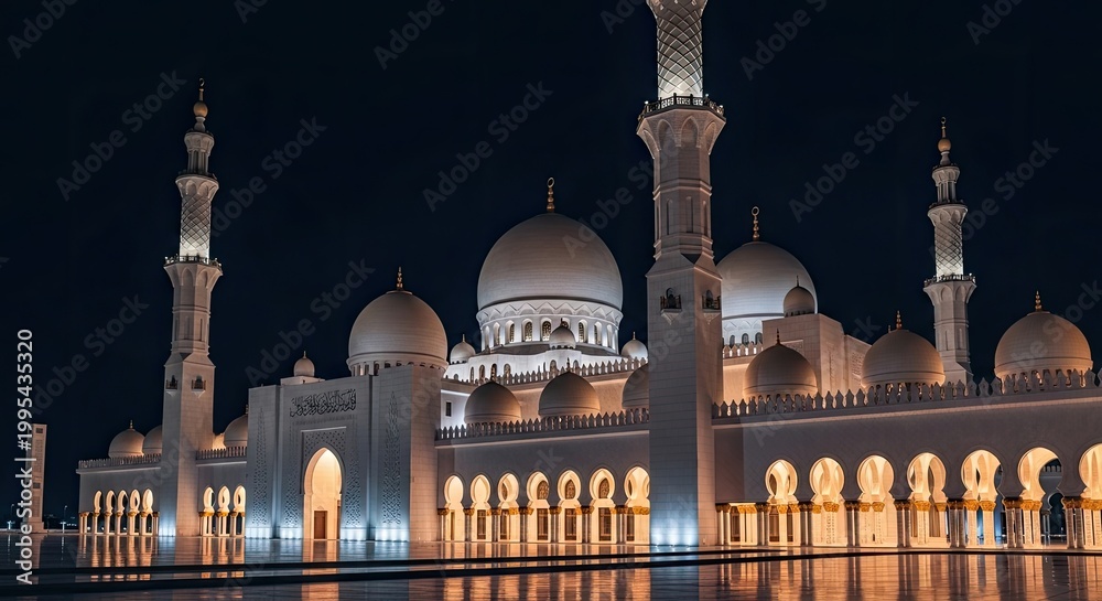 Fototapeta premium Grand Mosque at night with illuminated domes and minarets reflecting on the water