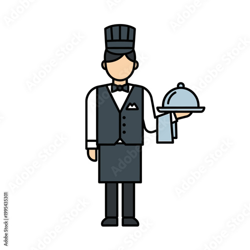 Professional waiter in uniform holding silver tray illustration