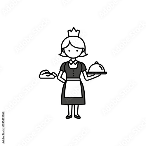 Maid in uniform holding food tray and cleaning cloth illustration