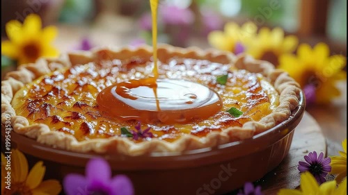Delicious pie with honey being poured on top, a culinary masterpiece.