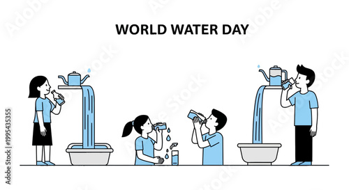 World Water Day Illustration of People Drinking and Conserving Water