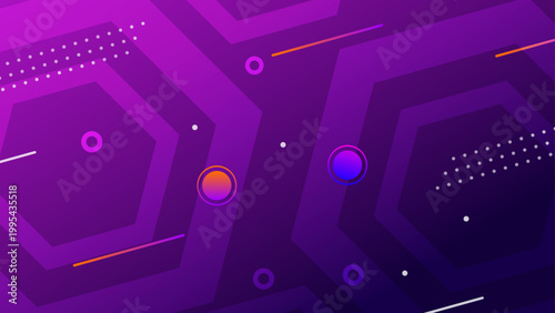 Modern purple gradient background with hexagon patterns and colorful geometric elements perfect for technology and web design