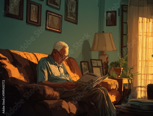 Elderly Filipino man reminiscing with old photographs in a cozy living room during a golden late afternoon