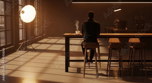Alone in a Modern Cafe with Morning Light and Warm Atmosphere