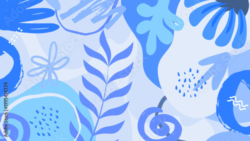 Beautiful blue and azure abstract background with organic botanical shapes and creative hand drawn patterns