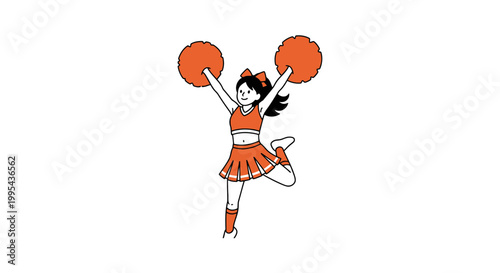 Energetic cheerleader jumping with orange pom-poms vector illustration