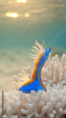 Vibrant Blue Nudibranch Crawling on Coral Reef with Sparkling Ocean Background at Sunrise