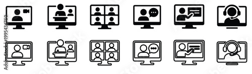 Online Conference Icon Set – Video Meeting, Interview, Digital Communication, Webinar, Device Screen, Seminar – Flat Vector Illustration