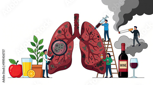 Workers inspect and clean polluted lungs with various objects nearby