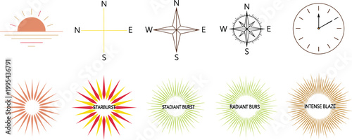 Sun, Compass, and Starburst Vector Icon Set with Sunset, Wind Rose, Clock, Radiant Burst, and Intense Blaze Designs for Logo, Branding, and Decorative Graphic Design