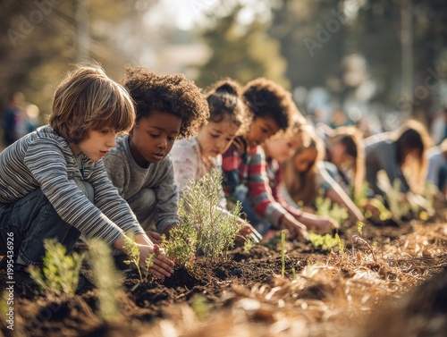 Diverse children planting native wildflowers in schoolyard on vibrant spring afternoon
