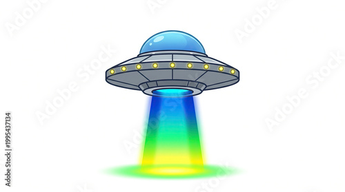 The UFO spaceship hovers above the ground emitting a colorful beam.