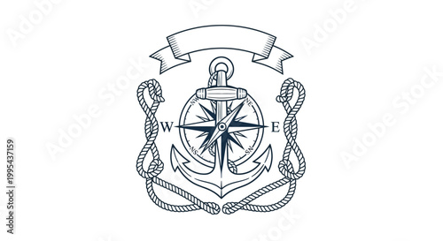 Nautical Anchor Compass Emblem Design.