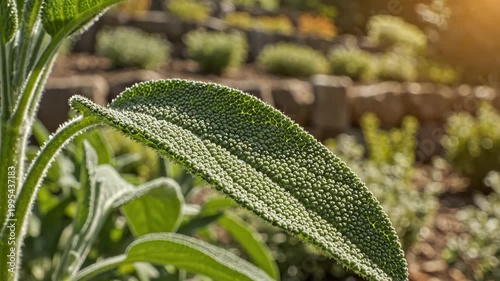 Close-up of a vibrant green sage leaf in a garden setting.