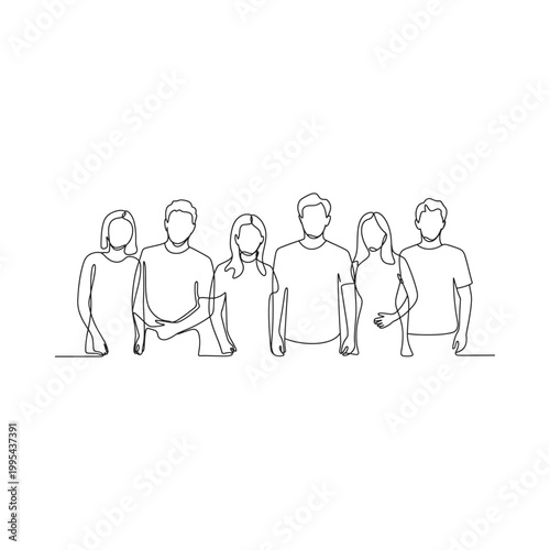 Minimalist one line drawing of six people standing closely together