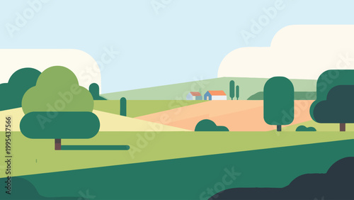 Billede på lærred Illustration Of Countryside With Trees And Grass Vector Design Template