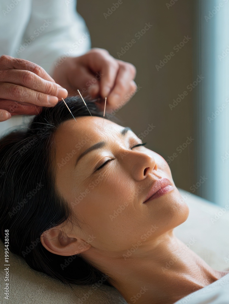 Fototapeta premium Middle-aged Chinese woman receiving acupuncture treatment in a serene clinical room with soft lighting
