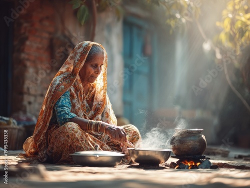 South Asian grandmother cooking with solar oven in a peaceful rural village courtyard at midday