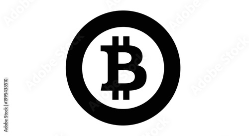 A black and white vector graphic of the Bitcoin logo in a circular design