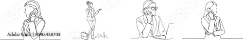 Business woman on phone concept one-line drawing set, isolated on white
