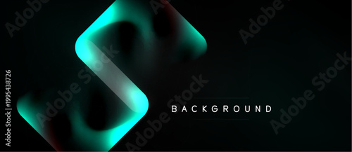 Abstract design features turquoise glowing shape against dark background. Minimalist style, modern aesthetic, text reads background.