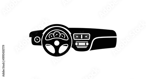 A black and white vector graphic illustration of a car dashboard with steering wheel and controls