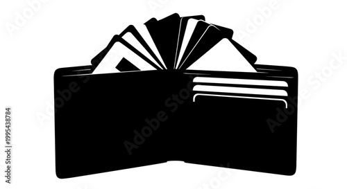 A black silhouette of an open wallet with cards sticking out on a white background