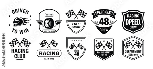 Photos Retro racing badges vector set with motorsport logos, speed crew emblems, checkered flags, helmets and wings, featuring vintage typography for apparel, stickers and branding