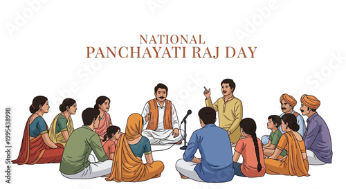 Illustrated vector artwork depicting National Panchayati Raj Day with a gathering of people in traditional Indian attire participating in a village council meeting against a clean