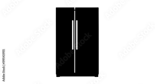 A minimalist vector graphic illustration of a black refrigerator with sleek handles