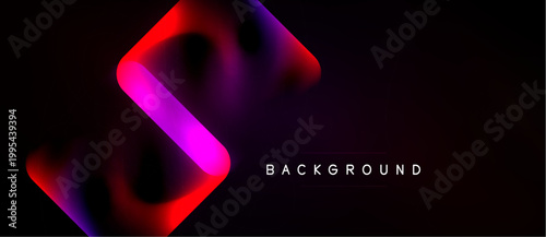 Abstract design features vibrant gradient shapes. Red, purple, blue hues create dynamic visual impact against black backdrop. Minimalist text present.
