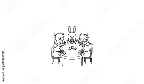 Minimal cute animals dining together circle table contour line vector illustration simple friendship meal scene