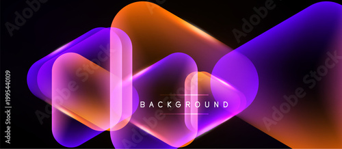 Abstract shapes overlap, creating vibrant gradients. Orange, purple hues dominate black background. Modern design element.